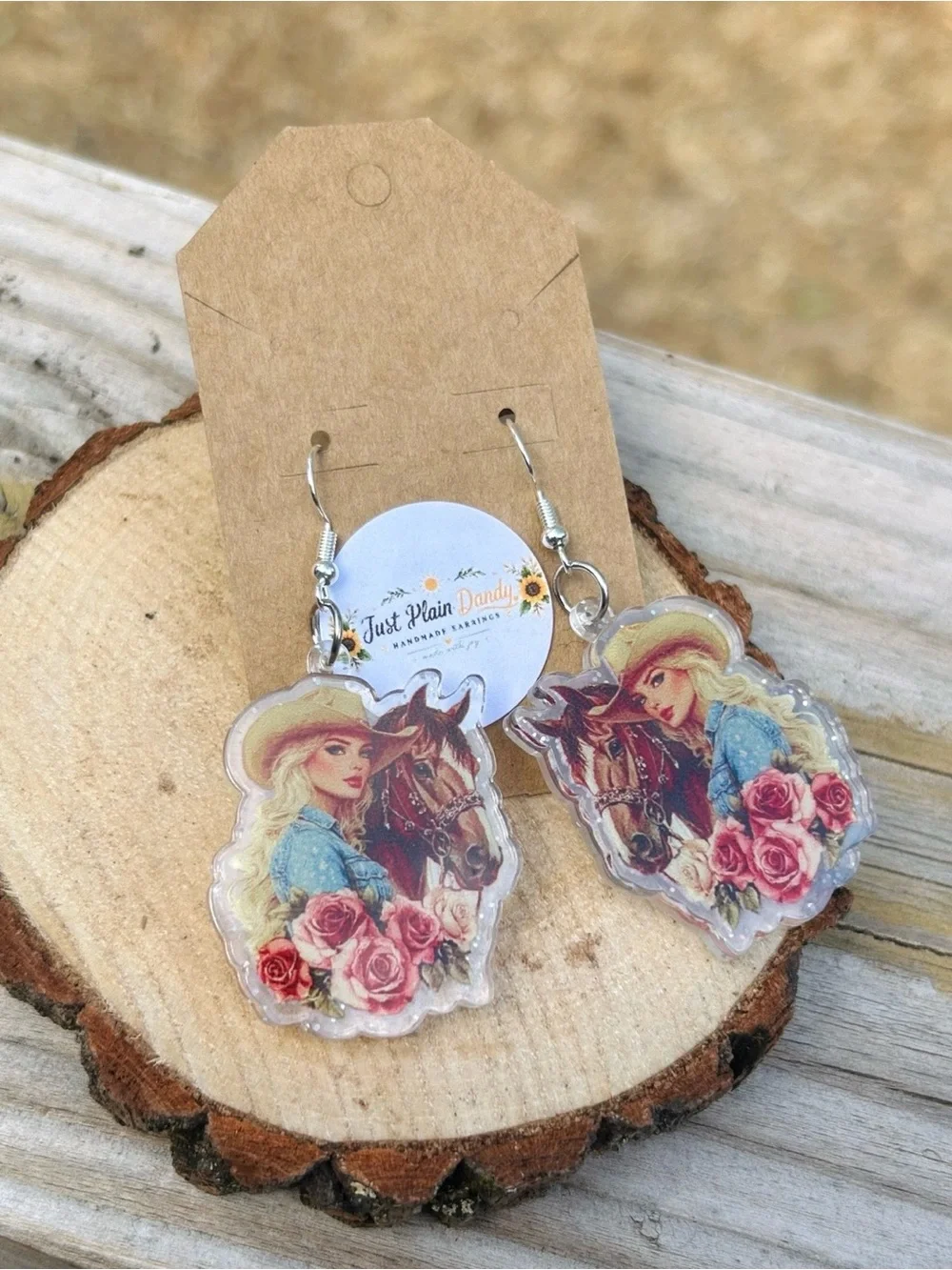 Cowgirl Horse Rose Acrylic Dangle Earrings Western Country Handmade